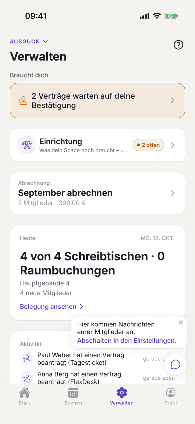Selfdesk-App für Betreiber: Verwalten mit zwei Verträgen zum Bestätigen, Abrechnung des Monats und heutiger Belegung