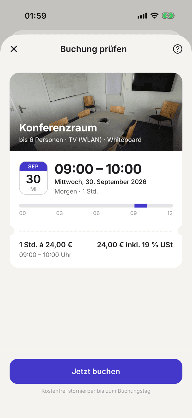 Selfdesk-App: Besprechungsraum mit Foto und Preis buchen