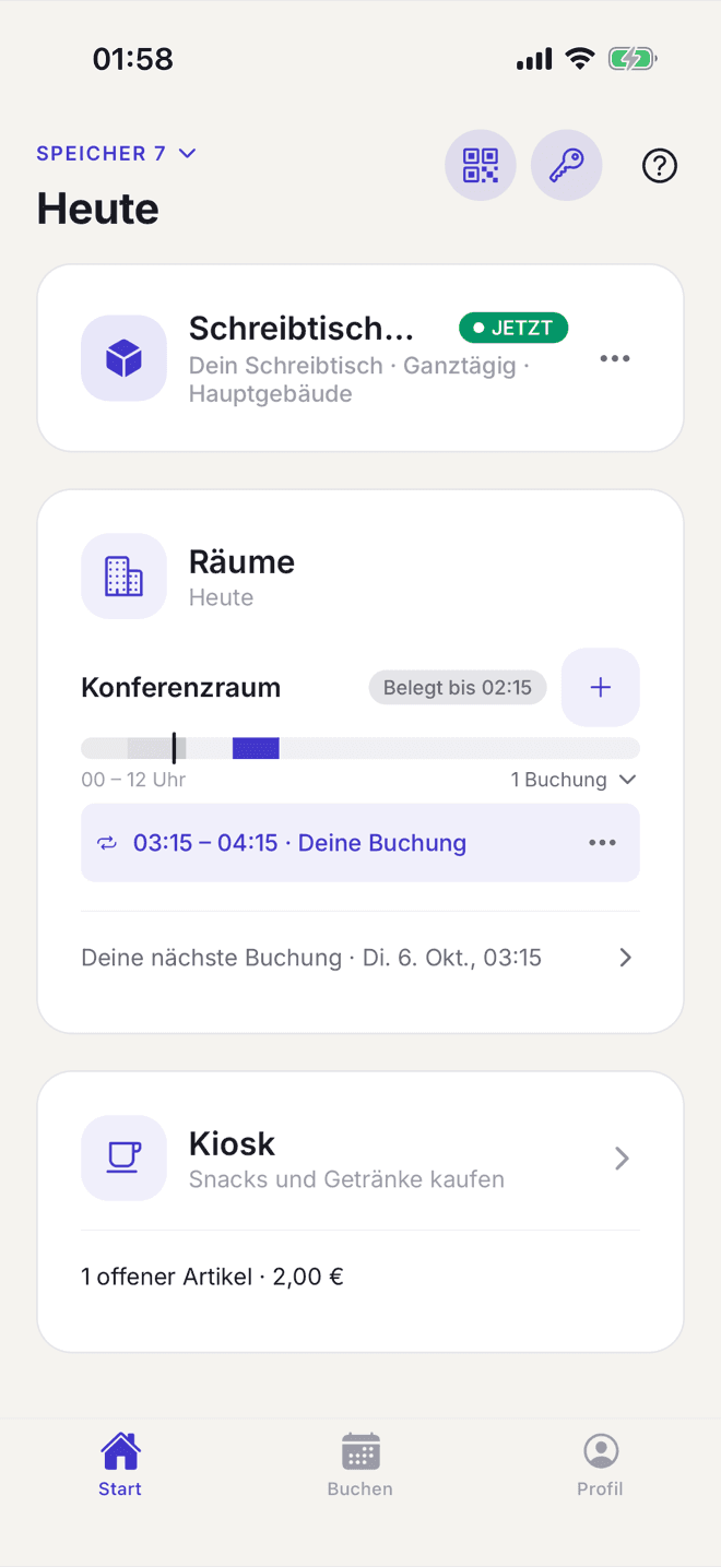 Selfdesk-App: Heute-Ansicht mit dem gebuchten Schreibtisch